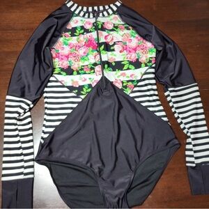 Floral and Striped Long Sleeve One Piece Swimsuit